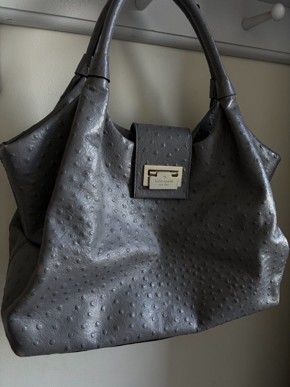 kate spade Gray Ostrich-Textured Leather Tote with Gold-Tone Plaque